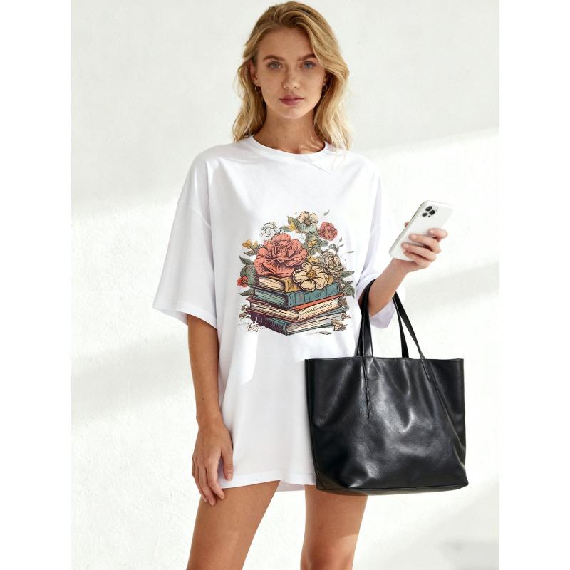 Black Oversized T Shirt With Stack Of Books And Flowers Print For Casual Wear And Reading Lovers