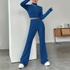 2Pcs/Set Women Solid Color Knitting Outfit Turtleneck Long Sleeve Cropped Tops High Waist