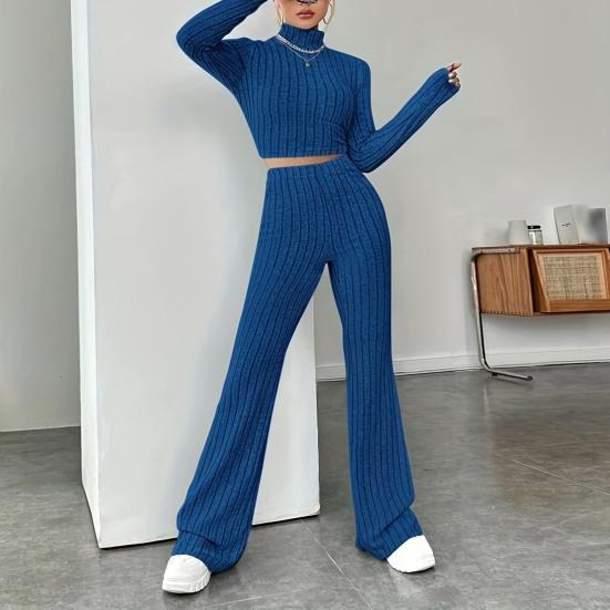 2Pcs/Set Women Solid Color Knitting Outfit Turtleneck Long Sleeve Cropped Tops High Waist
