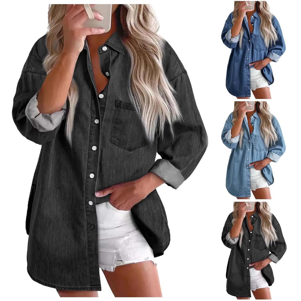Women Denim Shirts Button Down Blouse Long Sleeve V Neck Casual Tops Comfy Long Shirt for Women
