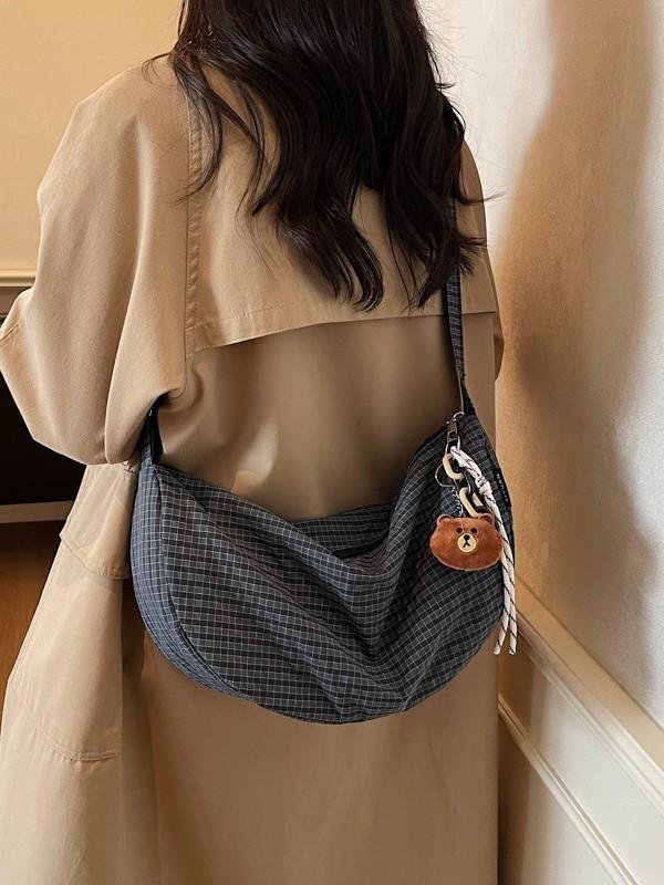 Nylon Plaid Shoulder Bag With Zipper Closure For Casual Daily Use