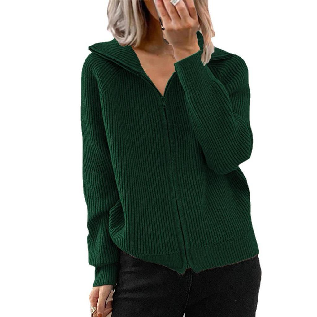 Women's Striped Knit Zip Cardigan: Autumn-Winter Loose Fit, Long Sleeve, Turn-Down Collar
