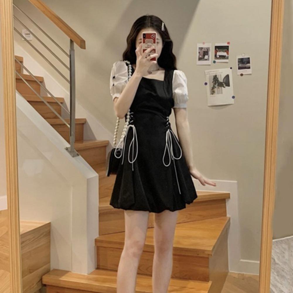 Sweet A- Line Fairy Dress High Waist Puff Short Sleeve Dress Fashion Short Dress Women Vacation