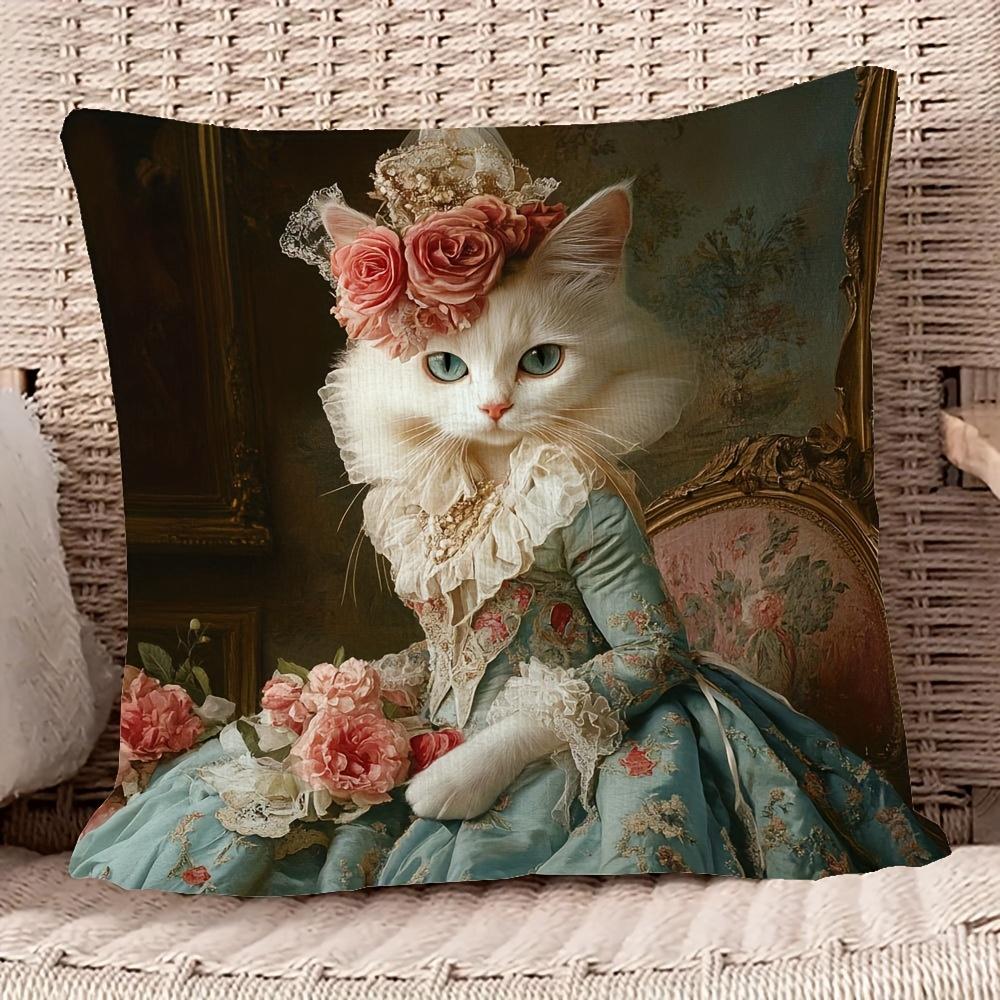 Panika Chen Unisex 2D Flat- # Victorian Royal Cat Throw Pillow Cover, Elegant Floral Decorative Pillow Case For Sofa Bedroom Living Room