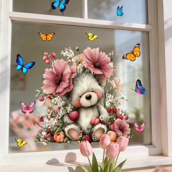 Spring Flower Wreath Window Cling Tulip/Sunflower/Rose Flower Static PVC Sticker Removable Glass Decals for Home Office Shop