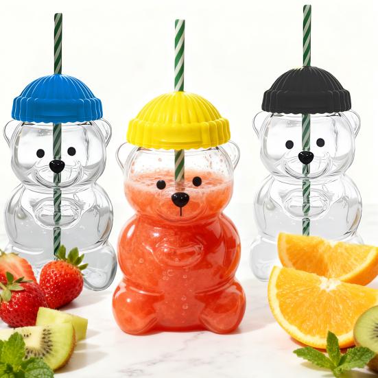 2 ks Kelímek ve tvaru medvídka s víčkem a brčkem Roztomilý nepropustný hrnek pro děti dospělé Plastový kelímek na studené nápoje na smoothie a ledovou kávu