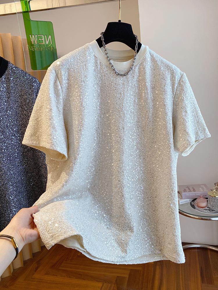 

2024 Мужская шикарная шелковая футболка с пайетками - Европейский свободный крой с коротким рукавом M белый