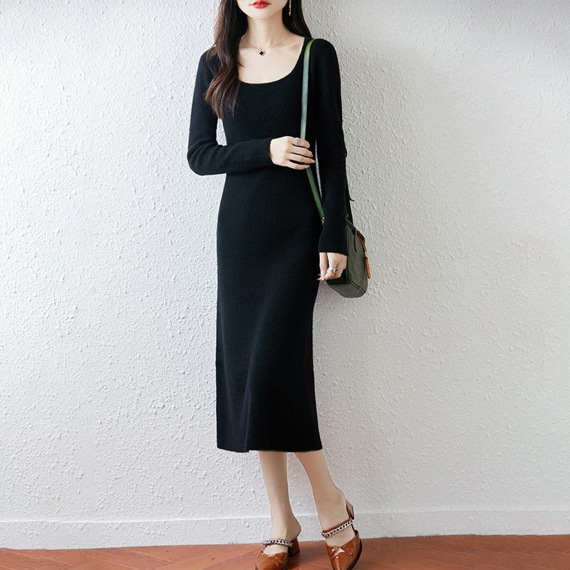 Women Sweater Dress 100% Wool MODERN NEW SAGA U-neck Knit Long Pullover Winter Jumpers Wool Long Dress Female