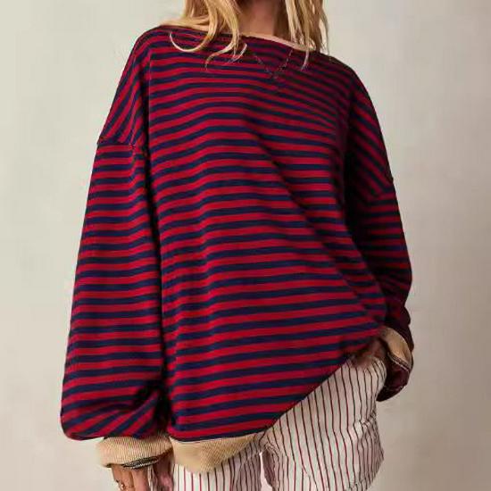 2025 Autumn/Winter Striped Color Block Loose Round Neck Long Sleeve Sweatshirt.