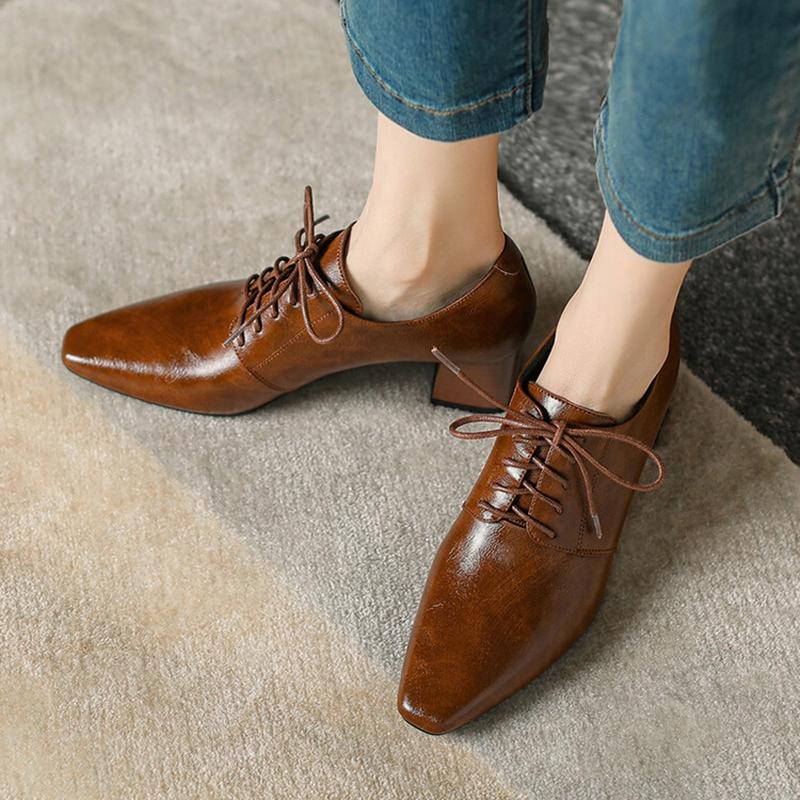 Fashion NEW Spring/Autumn Women Pumps Square Toe Chunky Heel Shoes Concise Split Leather Shoes for Women Lace-up Handmade Women Shoes