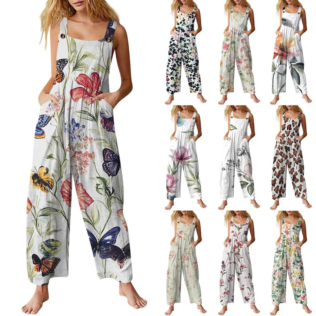 Lässiger Jumpsuit für Damen, ärmellos, Blumendruck, Baumwoll-Overall