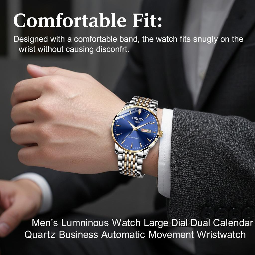 Men's Luminous Watch Large Dial Dual Calendar Automatic Movement Wristwatch for Business