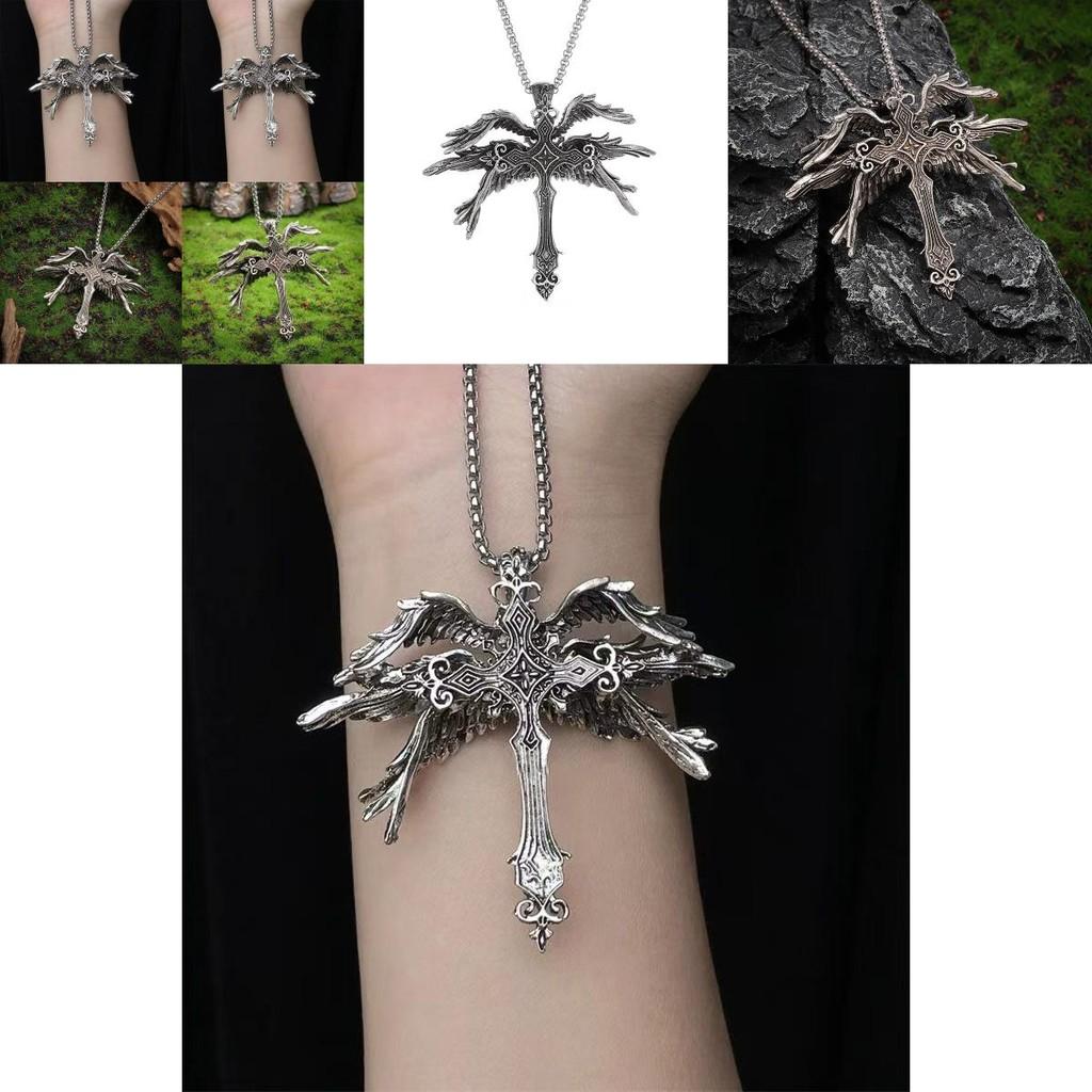 Fashionable Six Wing Angel Cross Necklace Eye-catching Design With Alloy And Pearl Chain