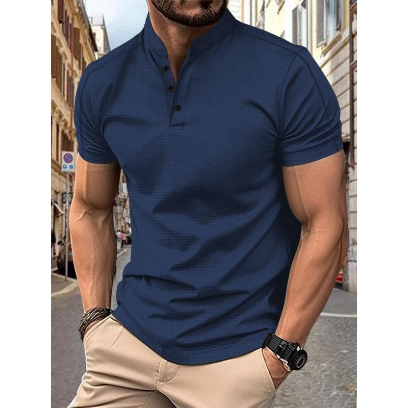 Men's Short Sleeved Stand Up Collar Waffle Henry Collar Casual Short Sleeved Polo Shirt