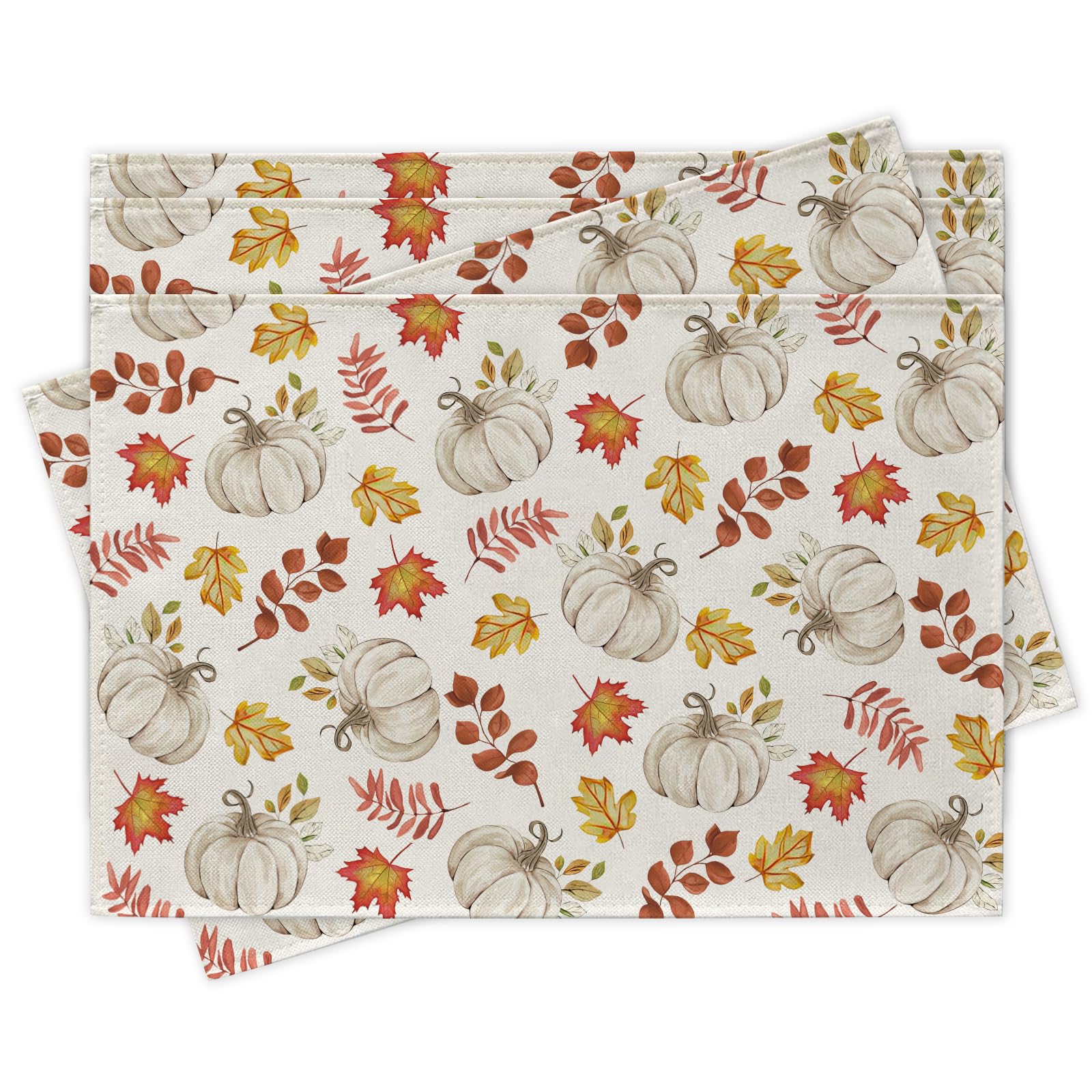 

Fall White Pumpkin Placemats Set of 4, Autumn Thanksgiving Harvest Maple Leaves Dining Place Mats Table Decor 4Pcs-12 X18