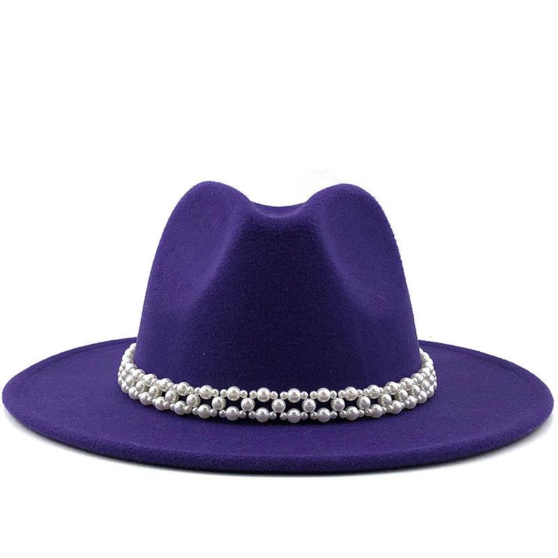 Woolen Hat Elegant Fashion Pearl Woolen Hat British Style Jazz Hat Big Brim Hat Women's Autumn and Winter Top Hat