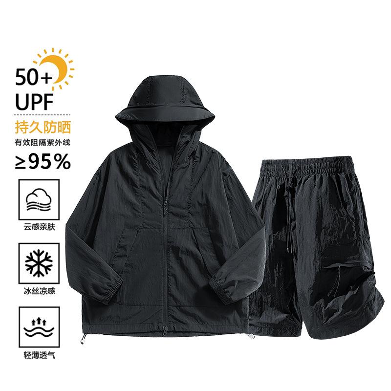 

Summer Men Sunscreen Twinset Clothing Quick Dry Hooded Top And Shorts Set Hooded Men Women Sun Protection Clothing Suit 3XL
