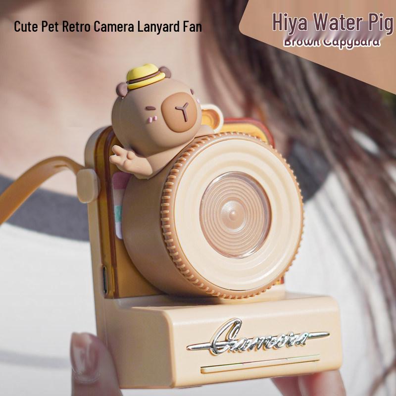 Portable Retro Camera Fan with USB Rechargeable Battery and Lanyard
