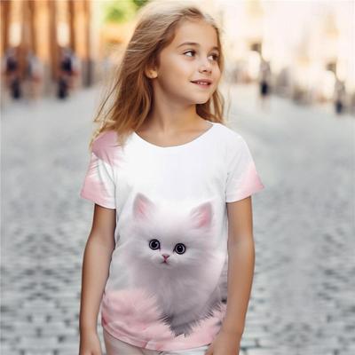 Animal Cute Cat 3d Impresso Divertido Meninas T-shirt Roupas Infantis Top Tee Bebê Menina T-shirt Verão Casual Manga Curta