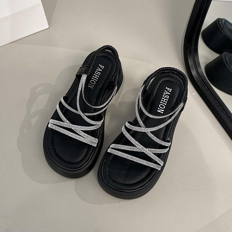 

Platform sandals woman 2025 summer new fairy wind rhinestone thin belt versatile and thin platform Roman sandals woman 40 чёрный