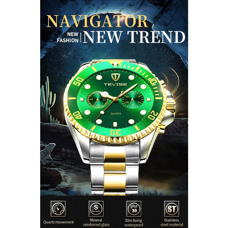 Tevise Men Business Watch Stainless Steel Quartz Watch Date Fashion Casual Watches Sapphire Crystal Watch