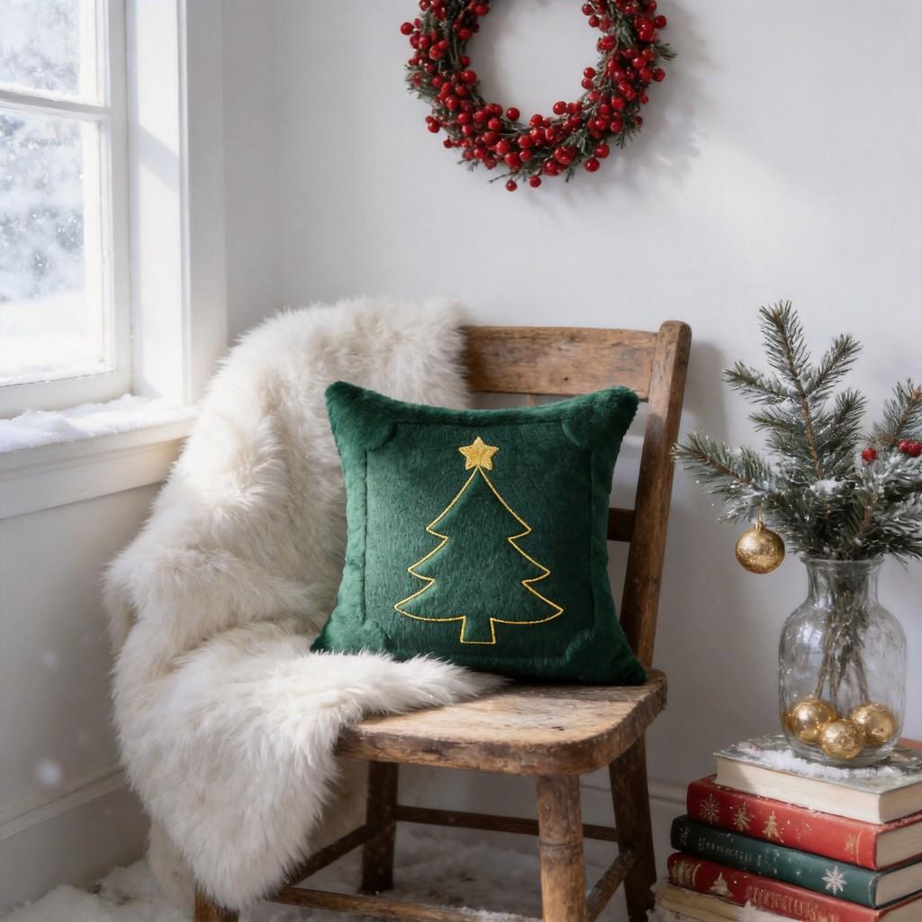 Christmas Embroidered Throw Pillow Cover With Star And Tree Decor For Living Room Party