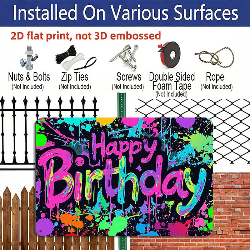 2D Flat, 1pc "Happy Birthday" Graffiti Style Plaque - Colorful Neon Birthday Decor Sign, Black & Multicolor - Aluminium Wall Hanging Decoration for