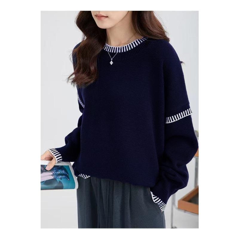 New autumn and winter black and white contrasting color edge crew neck sweater women's simple versatile loose lazy wind knitted sweater
