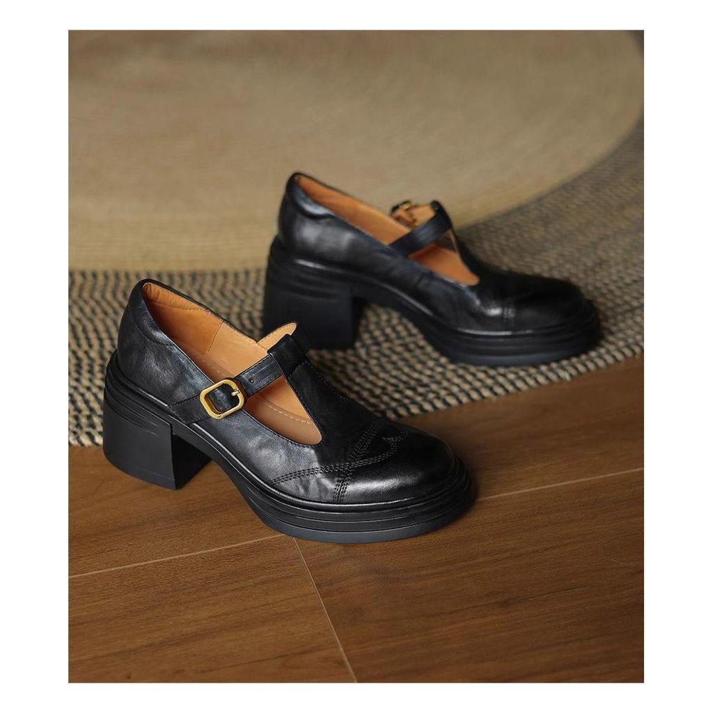 2025 Retro T-Strap Chunky Heel Mary Jane Women's Black Platform Shoes