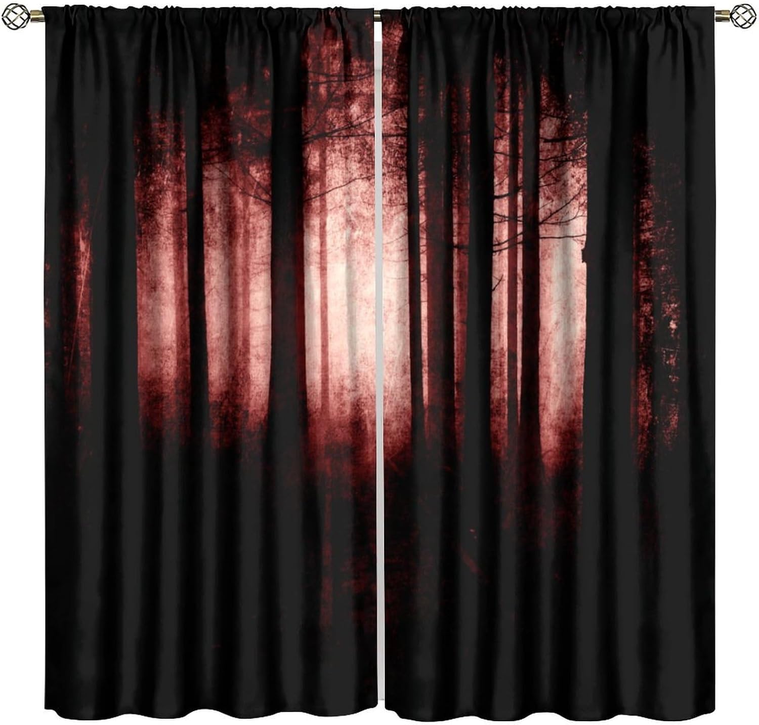 Gothic Dark Red Forest Curtains, Haunted Creepy Landscape Misty Forest Window Treatments Spooky Horror Halloween Forest Window D 60×150cm