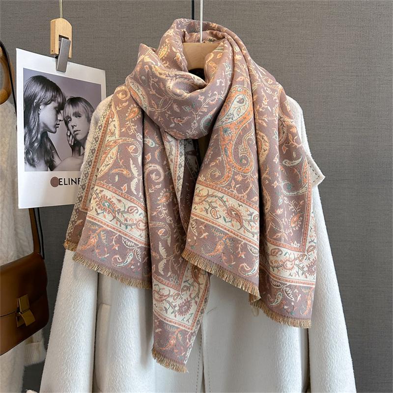 Design Floral Impresso Cashmere Cachecol Feminino Inverno Pashmina Xales E Envoltórios Grosso Quente Bufanda Estolas Cobertor Luxo