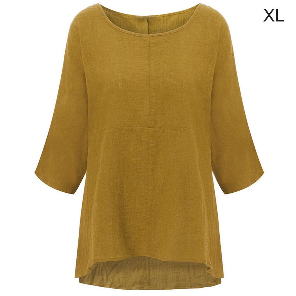 Women T-Shirt Solid Color Casual Top Short Sleeve Linen Blouse