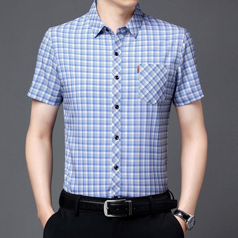 

Новая летняя мужская рубашка с короткими рукавами, негладкая повседневная клетчатая рубашка с карманом и половиной рукавов, мужская одежда для папы среднего и пожилого возраста 4XL