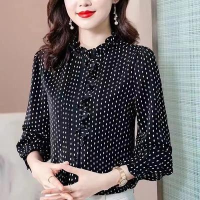 M-4XL Simulated Silk Shirt Women's Spring Autumn New Long Sleeved Top French Ruffled Stand Collar Printed Bottoming Shirt