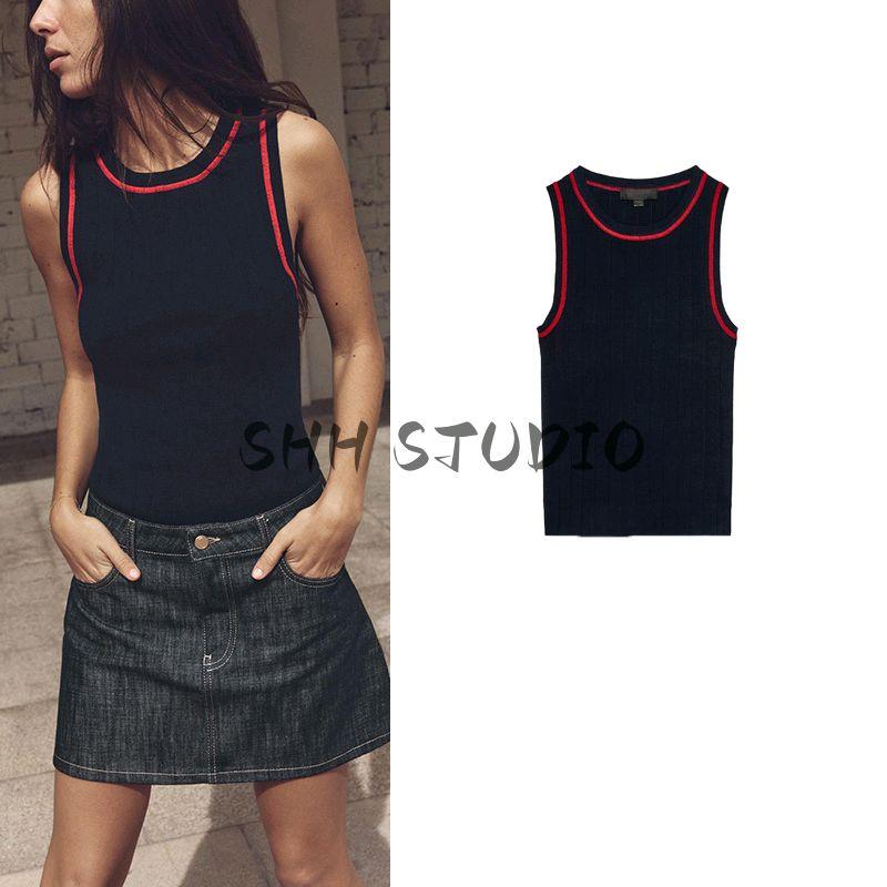 Spring New Women's Clothing round Neck Patchwork Contrast Color Pinhole Decoration Exercise Sleeveless Knitting Tops 3519012