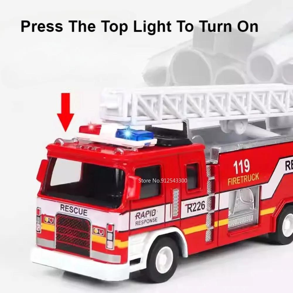 1:32 Fire Truck Model Toy Car Alloy Body Rubber Tire Music Light Pull Back Climbing Water Tank 119 Vehicles Models Toys Gifts