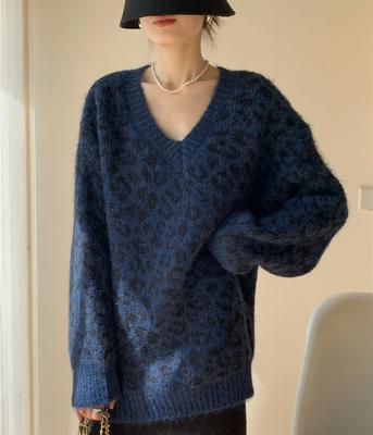 DIMANAF 2024 Suéteres Outono Lã Decote V Estampa de Leopardo Manga Longa Mulher Básico Patchwork Roupa Grande Novo