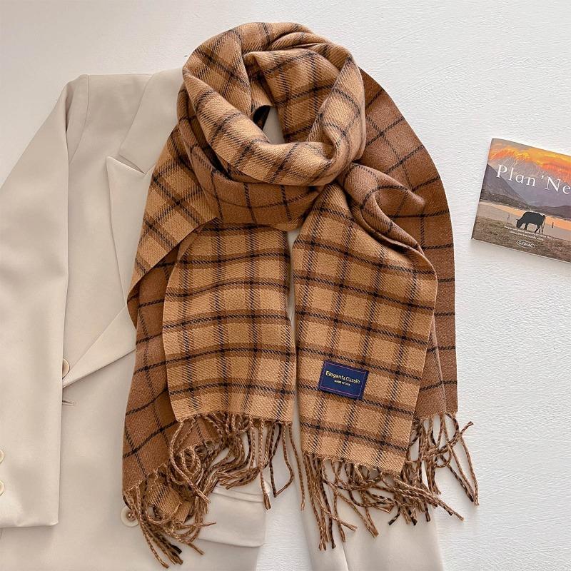 Autumn Fashion Versatile High Sense Contrasting Color Plaid Scarf Thickened Warm Travel Scarf Shawl