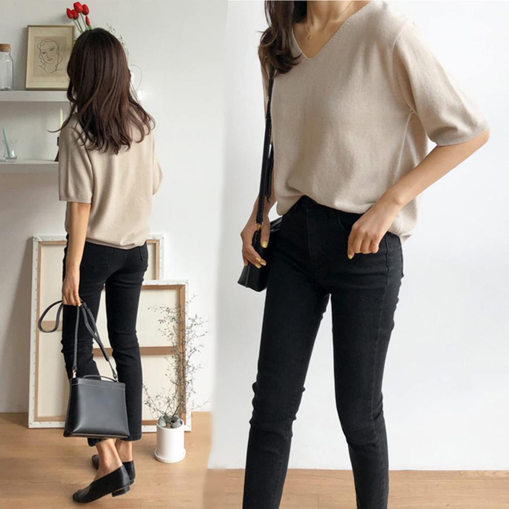 Summer Knit Short Sleeve Loose Cut and Fashionable Summer Beautiful Coordination [ANCKDOCE] Women's T-Shirt, V-Neck, Fit, Sewn, Clothes, Tops, (White)