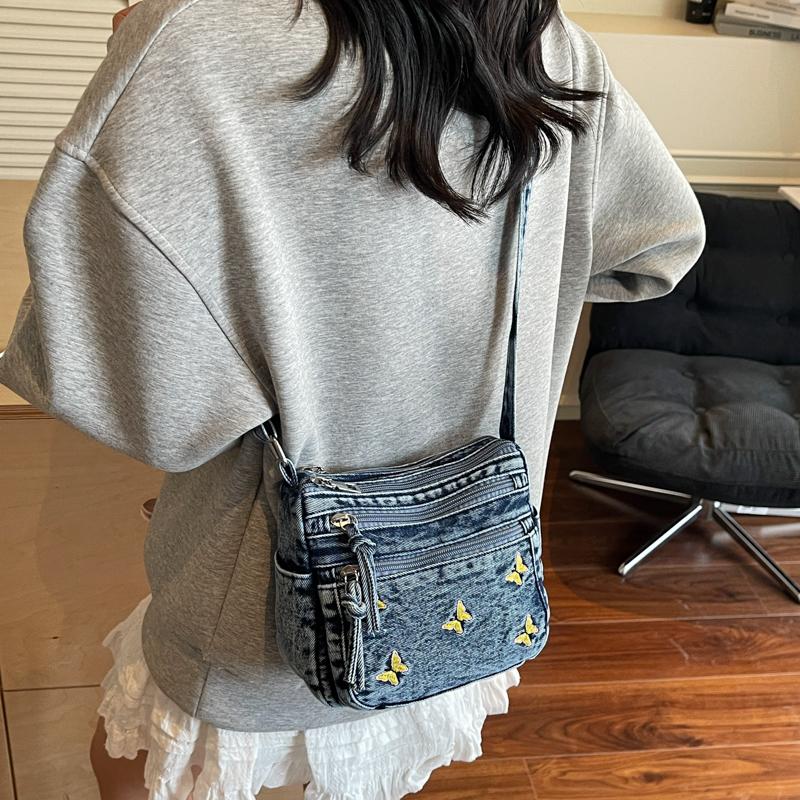 Denim Crossbody-Tasche mit Schmetterlingsstickerei Mehrschichtige Handytasche Damen Kleine quadratische Tasche