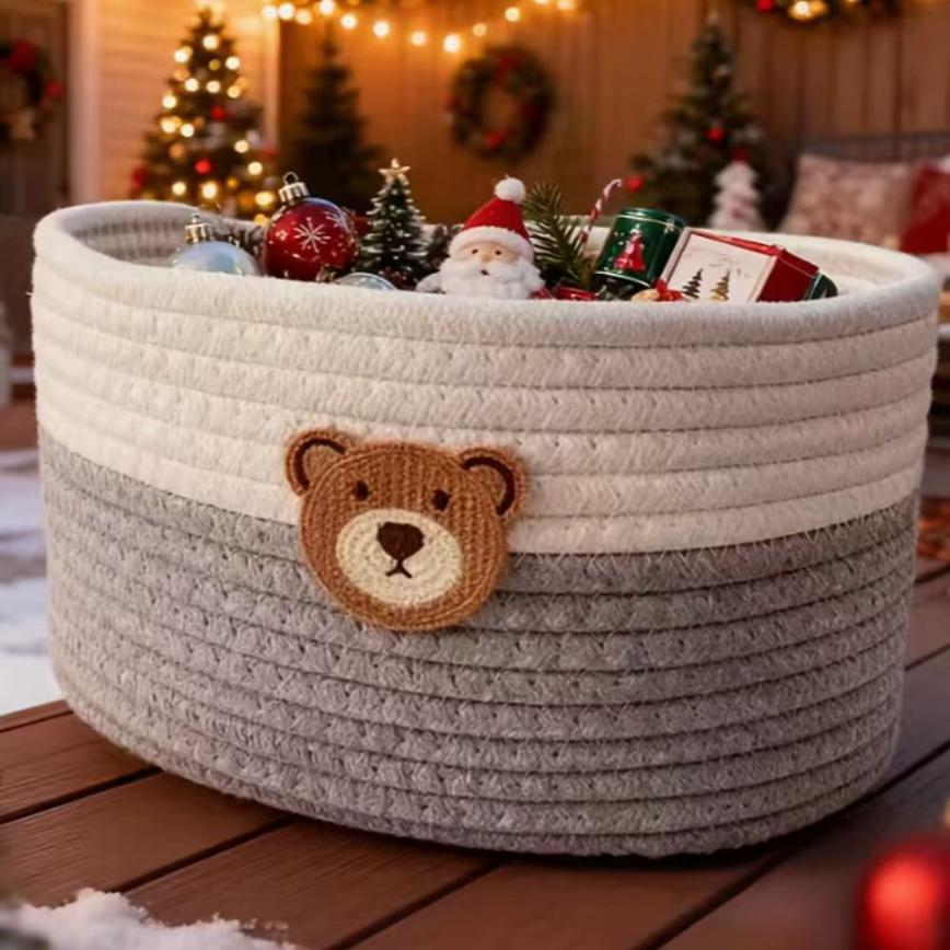 Cute Bear Fabric Storage Basket Woven Organizer Bin for Toys Clothes Home Bedroom Living Room Decorative Storage