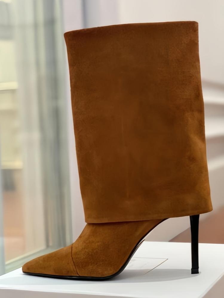 

Полусапоги из замши до середины икры EU/US - Остроносые на шпильке Однотонные сапоги поверх брюк для женщин Офисный шик Зимняя обувь 40