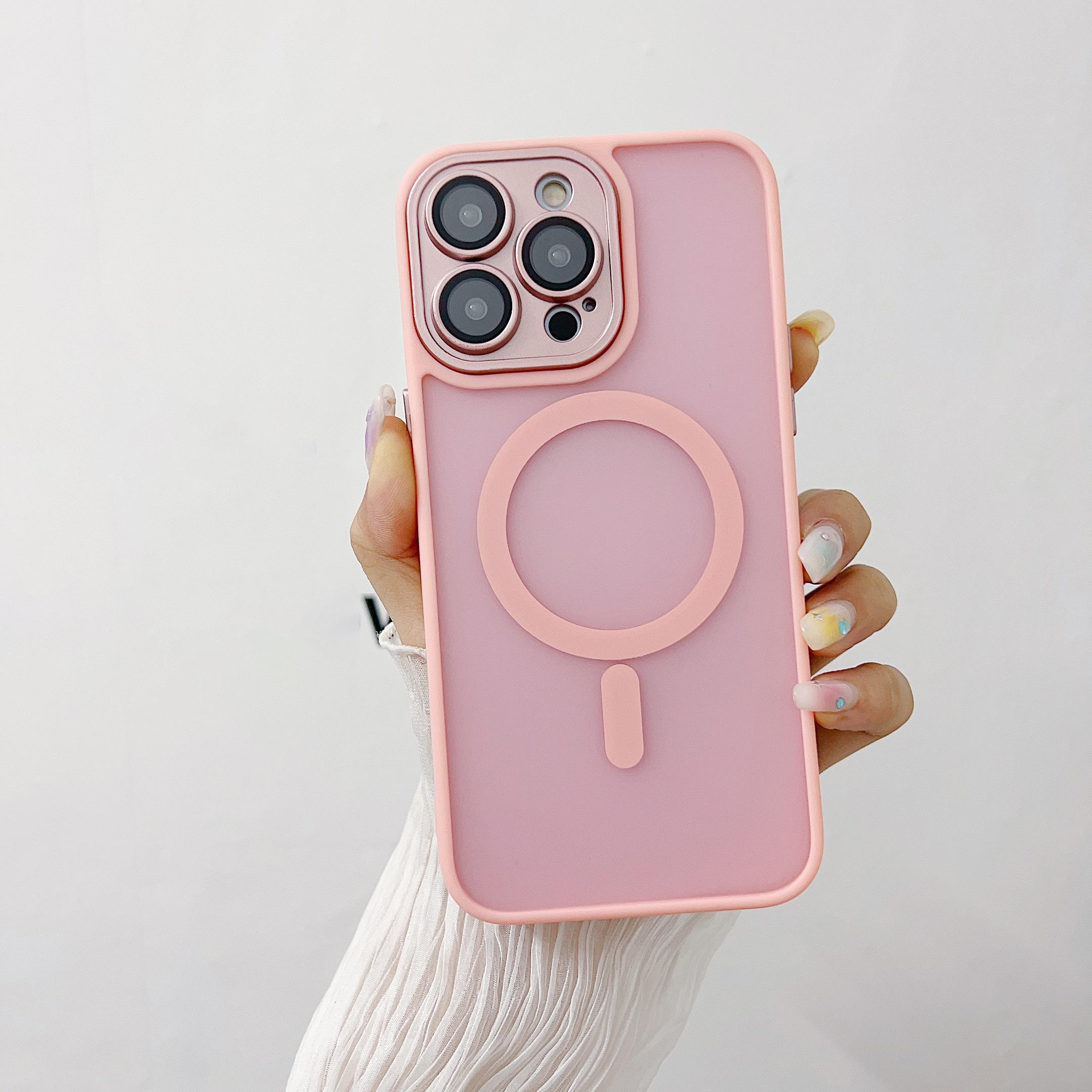 

For iPhone 15 Pro Magnetic Case with Lens Film/Detachable Lens Frame Hybrid Phone Back Cover Pink
