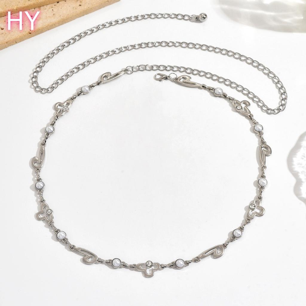 HY  Women White Pearl Sunflower Leaf Fine Beach Sexy Belt Slender Waist Body Chain Ladies Silver Plated Jewelry