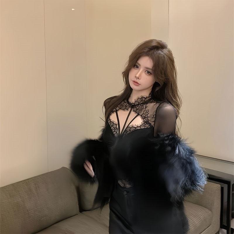 Women's Sexy Lace Bodysuit Lingerie, Sheer Mesh Long Sleeve Plus Size Teddy Lingerie