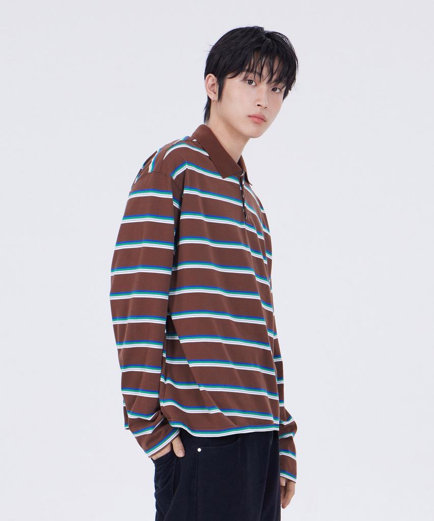 GLW Oversized Striped Collared T-Shirt Brown