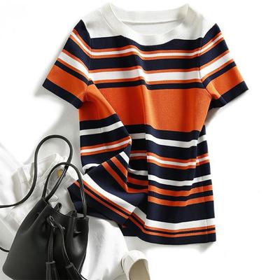 Maglietta Estiva a Righe da Donna a Maniche Corte Maglione da Donna Girocollo a Contrasto di Colore Top Largo Sottile
