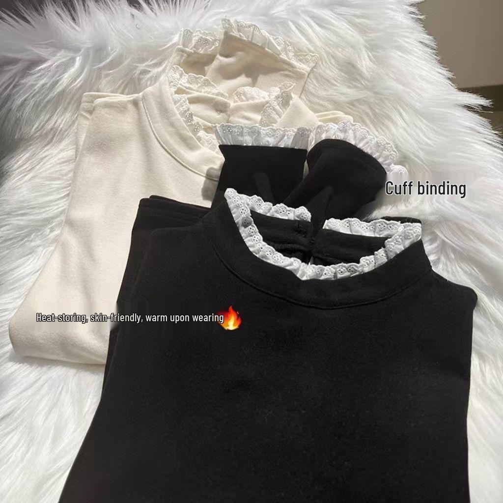 

Женская футболка с высоким воротником и кружевной отделкой из флиса 2025 Осень/Зима - Облегающий силуэт, с длинным рукавом, Базовый слой Small чёрный