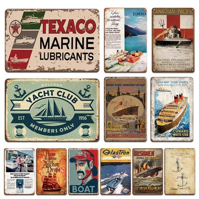 Vintage Yacht Club Kunst Decor Metalen Poster, Retro Boot, Anker IJzer Schilderij, Gepersonaliseerde Mancave, Strandbar Decor Plaquettes