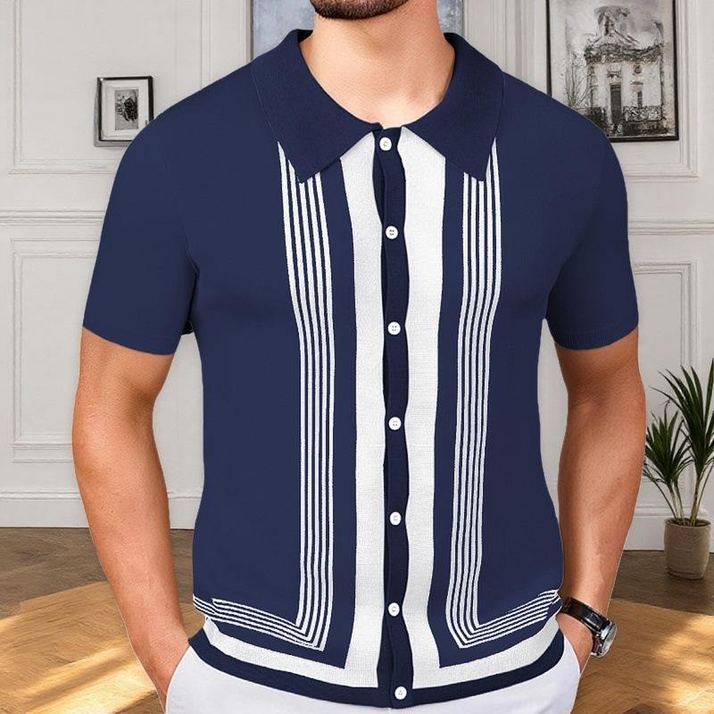 

Men s Short Sleeve Knit Shirt with Collar, Button Front, and Striped Design in Green, Blue, Purple, Beige 3XL темно-синього кольору